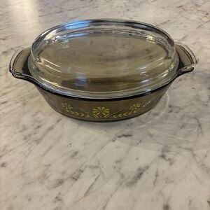 Vintage Glasbake Oval Amber Casserole Dish W Lid Yellow Daisy Flowers
